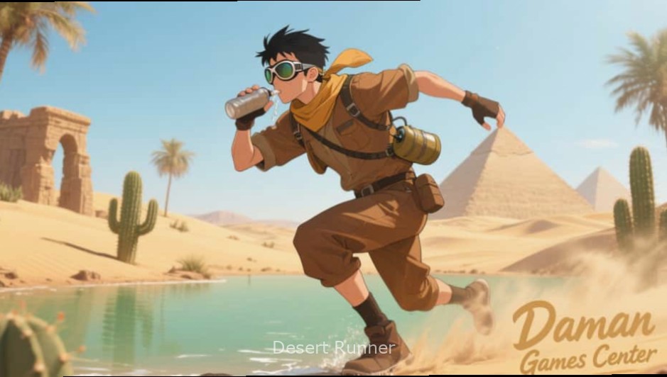 Meera - Desert Runner character in colorful Gujarati dress with Desert Runner watermark