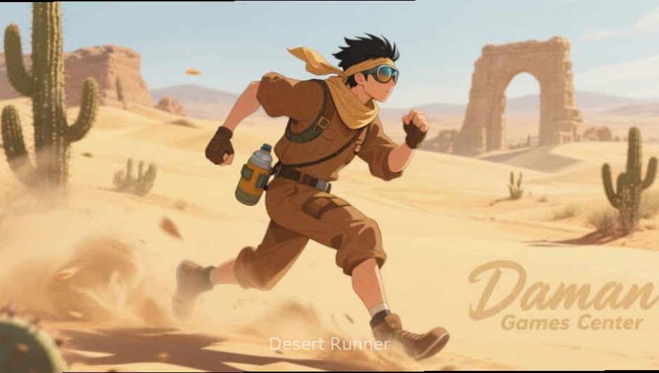 Raj - Desert Runner main character in traditional Rajasthani attire with Desert Runner watermark