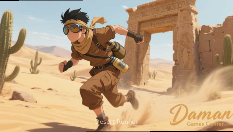 Desert Runner gameplay showing character jumping over obstacles with Desert Runner watermark